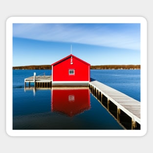 Red Boathouse on Lake Sticker